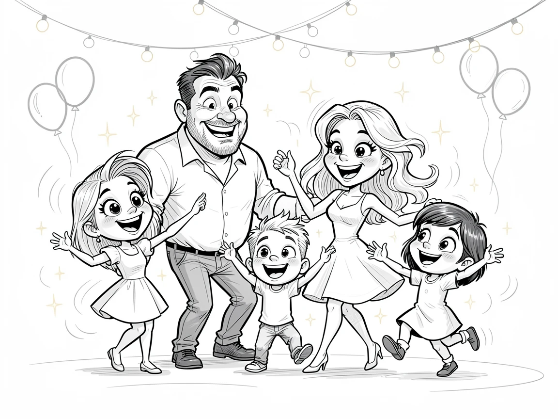 [Seasonal Holidays & Celebrations] Festive scene of a sparkling family dancing together at an outdoor summer festival, full of celebration and joy