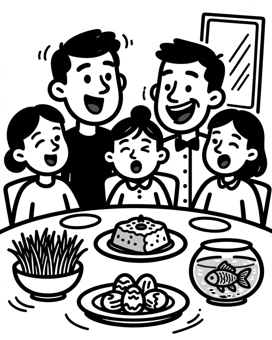 A family setting a festive table with symbolic dishes to welcome the new year at Nowruz.