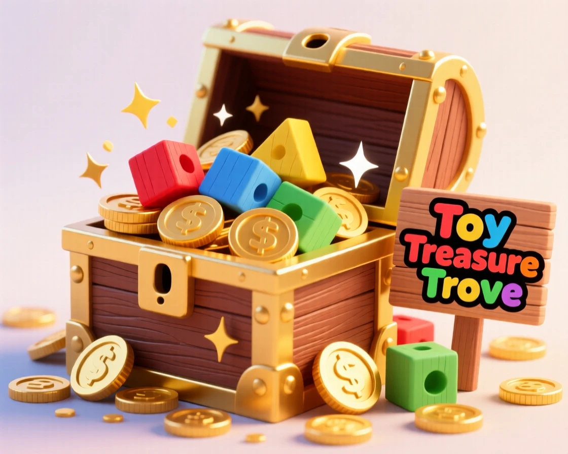 A treasure chest overflowing with wooden blocks and toy coins.
