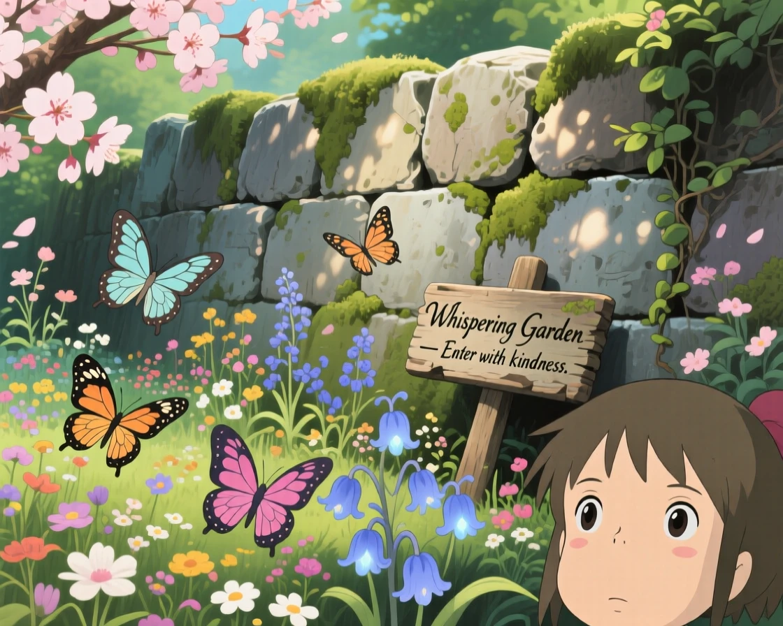 A hidden garden enclosed by a crumbling stone wall, butterflies drifting between blossoms, creating a scene of quiet natural magic.