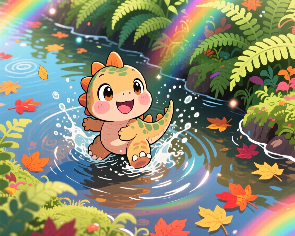 In a fern-covered riverbank, a baby stegosaurus is splashing through a shallow prehistoric river with autumn leaves swirling around, bathed in bright rainbow-tinted light, expression full of giggling amusement. Shot as a bird's-eye view.