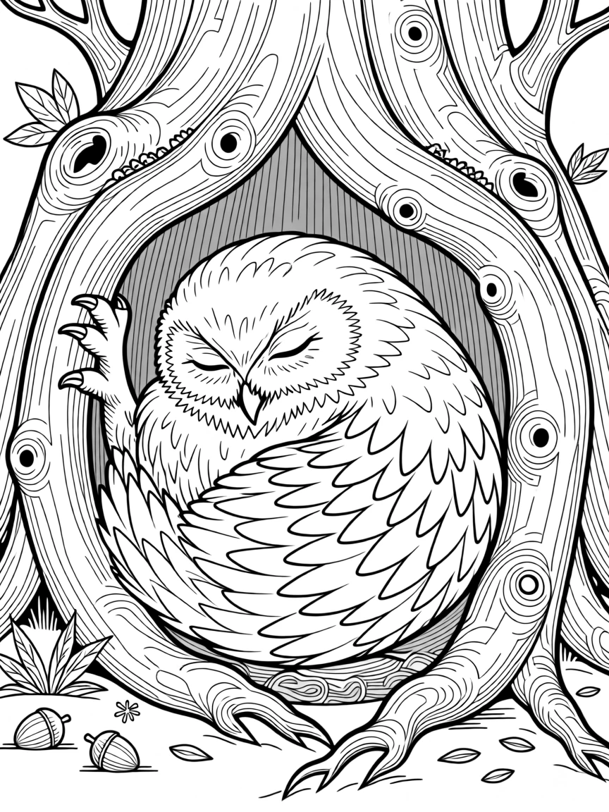 A snowy owl curled up in a den surrounded by roots, with claws gripping the bark tightly.
