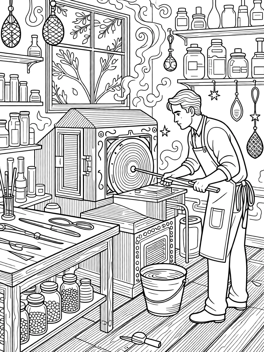 A glassblower shaping ornaments in a workshop.
