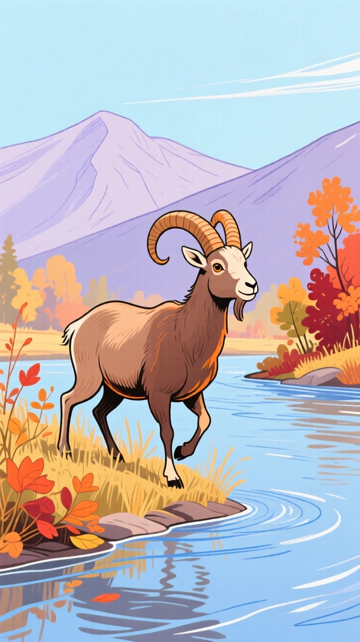 A mountain goat playing along a quiet riverbank on a crisp autumn day.