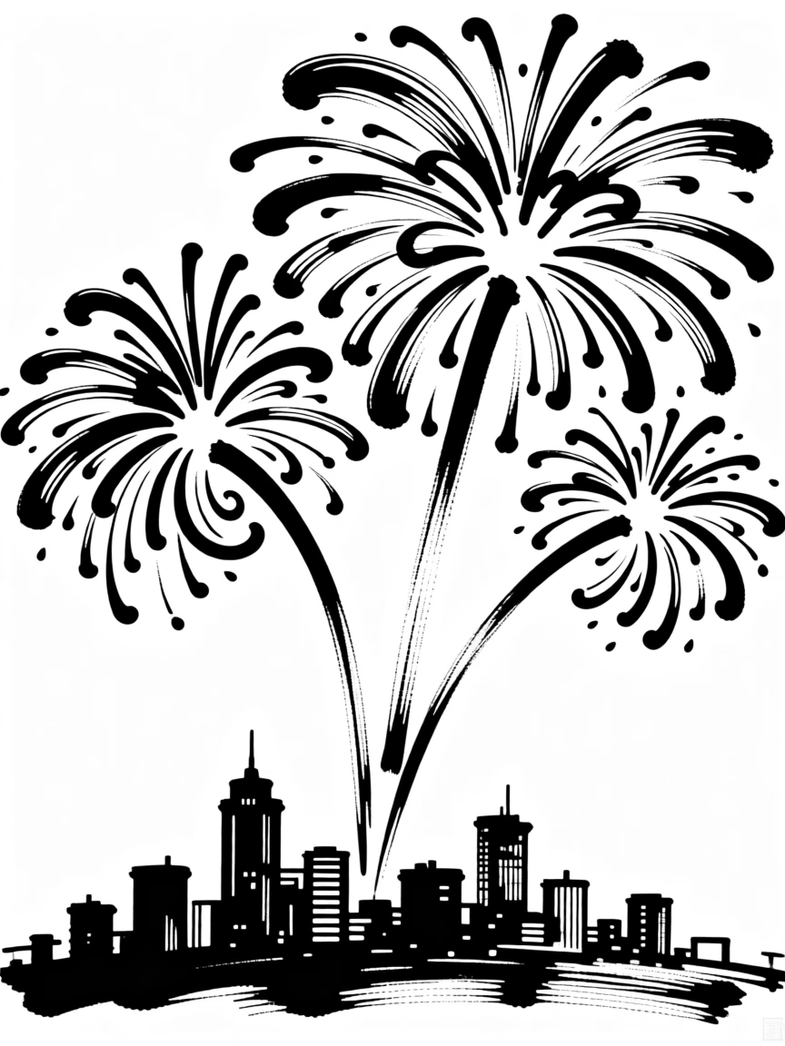 A New Year's Eve fireworks display bursting over a city skyline.