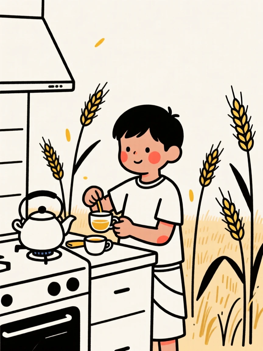 A young boy of Egyptian heritage brewing tea in a cozy kitchen, in a wheat field at harvest.