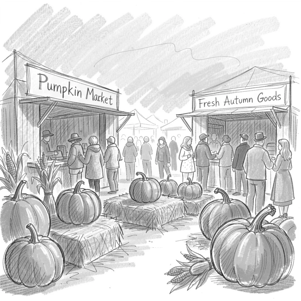 A pumpkin patch under a golden autumn sky, in a bustling holiday market, with an atmosphere of celebration and togetherness.