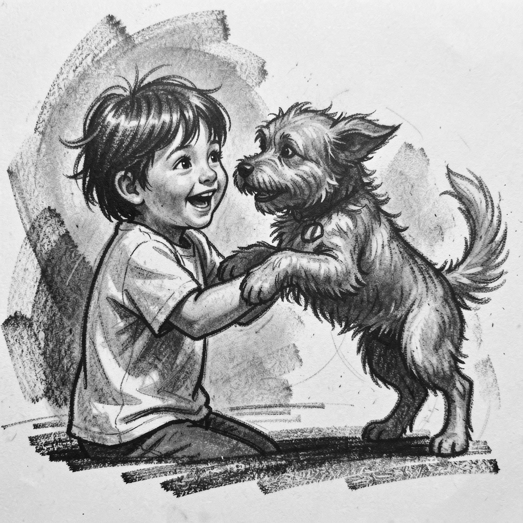 A child reunited with a lost pet after a long search, as laughter fills the air around them.