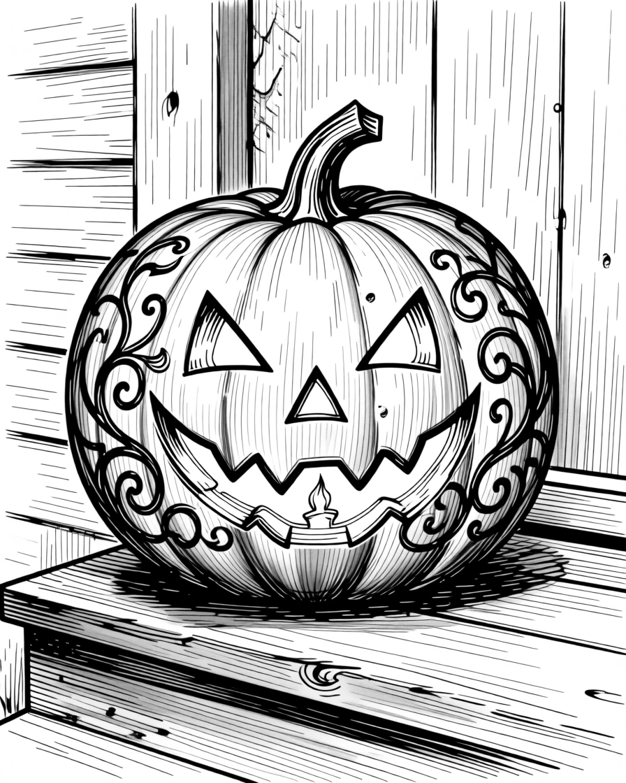 A beautifully carved jack-o-lantern glowing on a porch during Halloween evening.