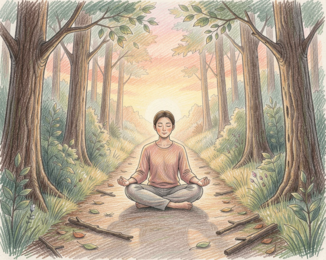 A peaceful sunrise meditation on a quiet forest trail, framed thoughtfully to draw the eye toward the central subject, radiating comfort, joy, and quiet beauty.