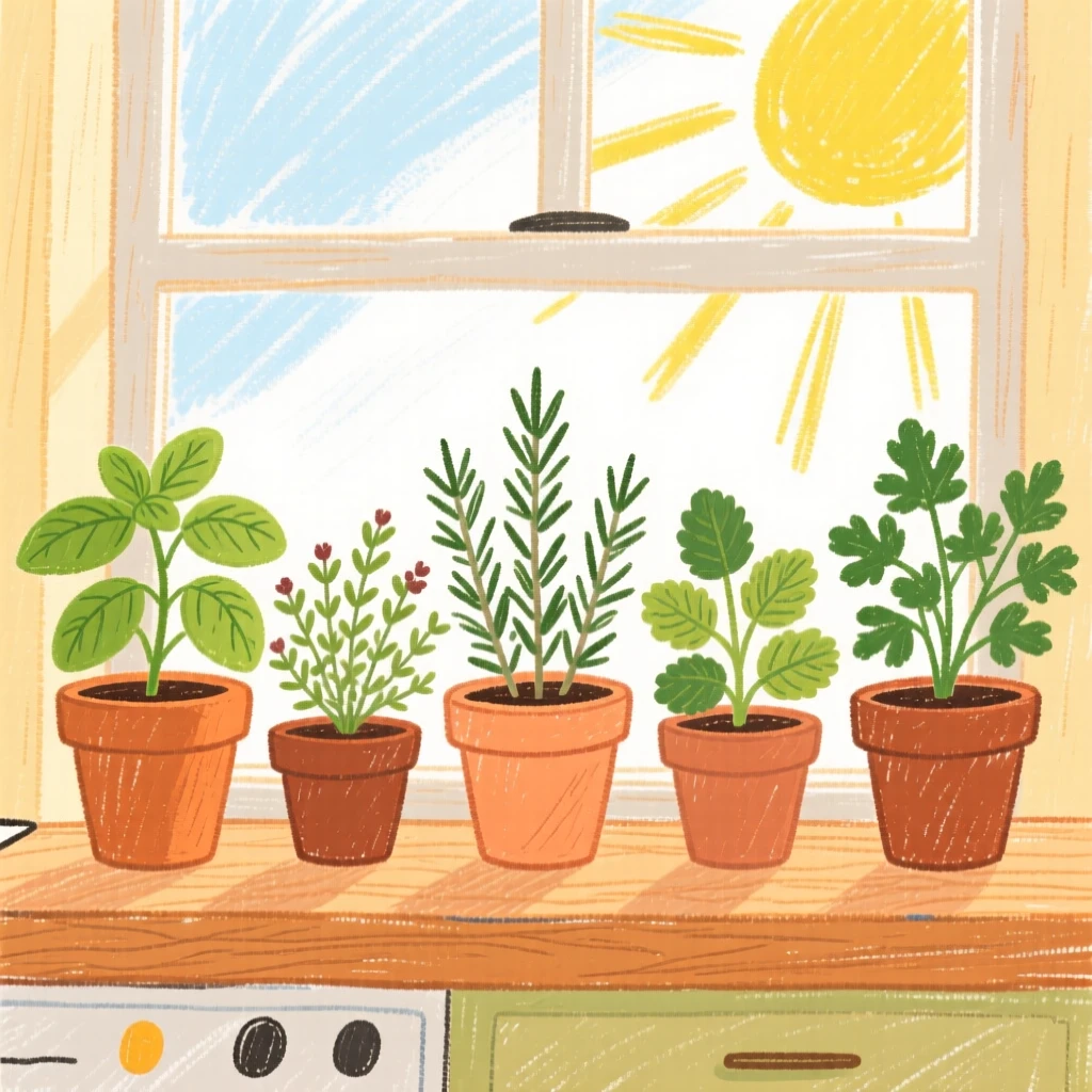 A row of potted herbs lining a sunny kitchen windowsill.