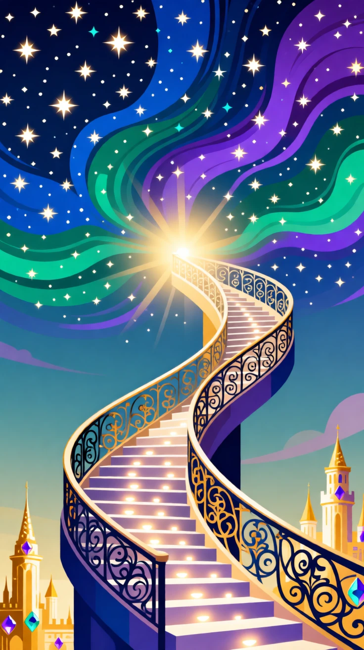 A magical staircase spiraling upward into a sky full of stars, set within a mystical kingdom shrouded in soft golden light, arranged with soft glowing light radiating from the center, with rich jewel tones that evoke wonder and imagination.