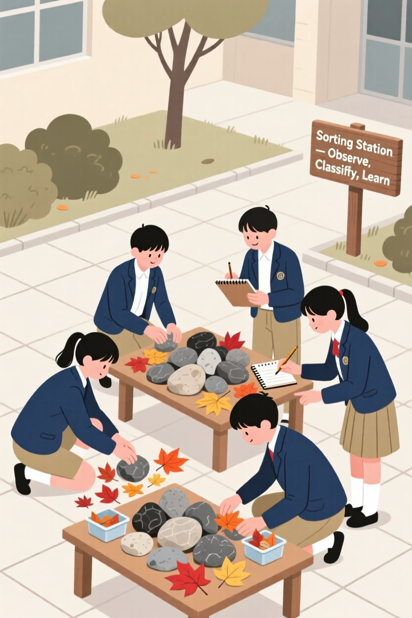 A group of students sorting rocks and leaves in a school courtyard.