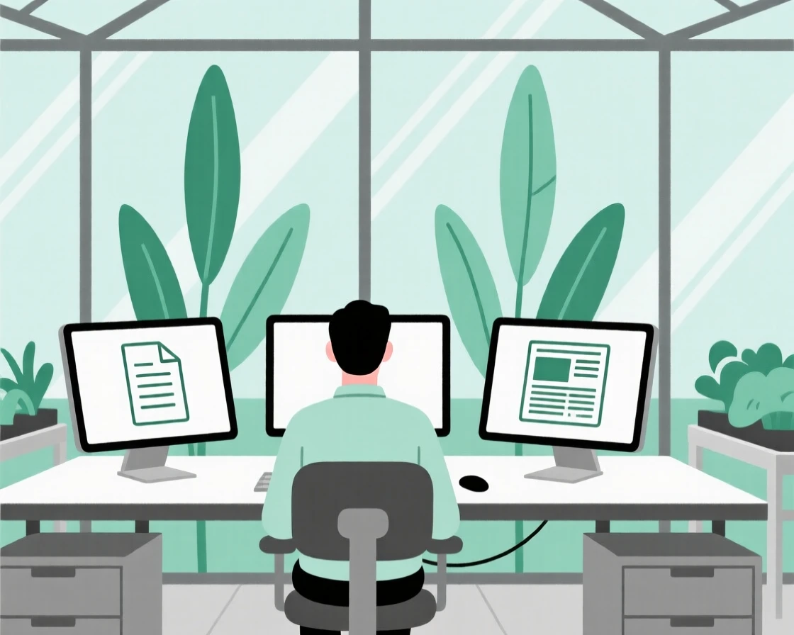 A focused journalist working at a greenhouse nursery, surrounded by rows of computer monitors, expressing quiet dedication.