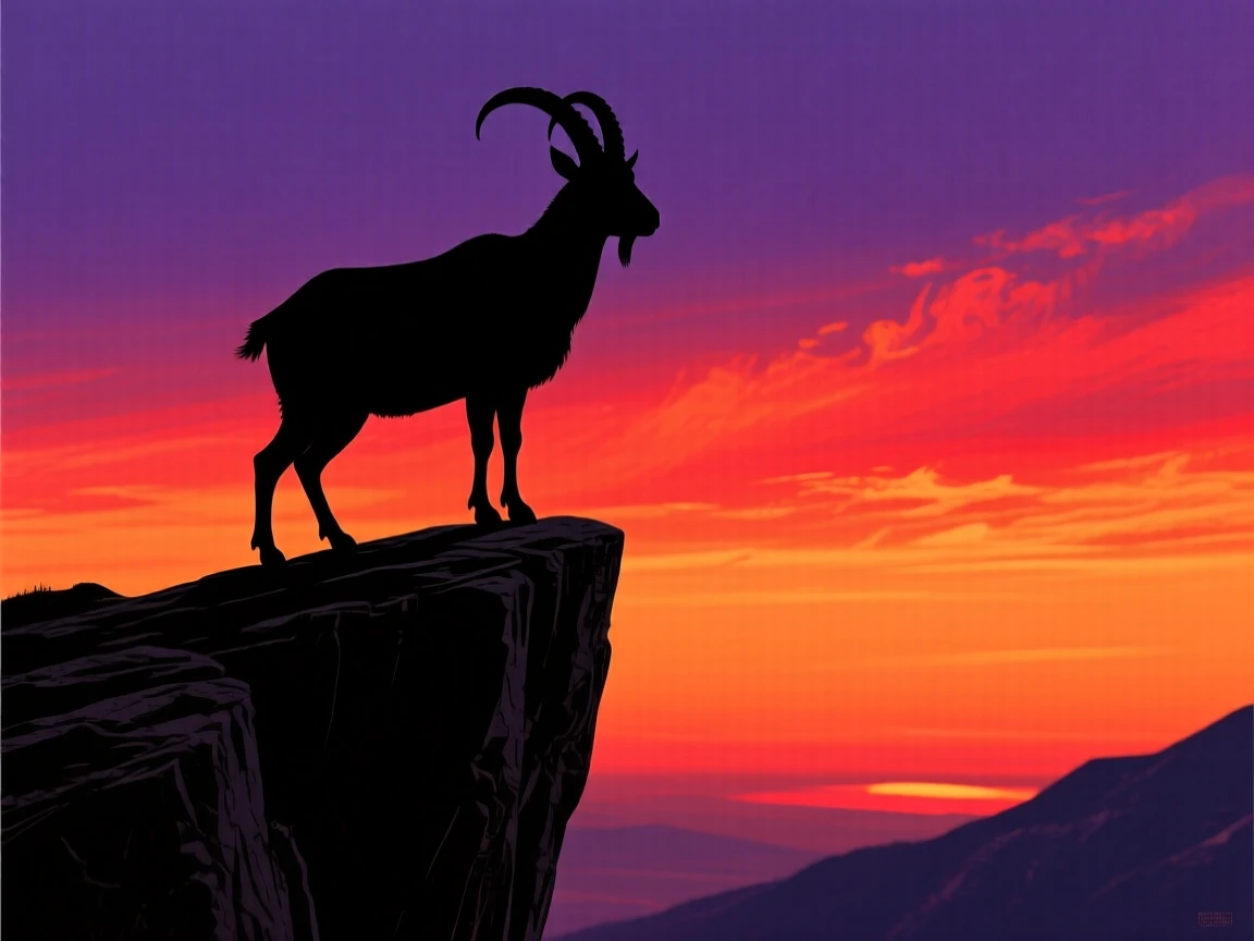 A single mountain goat balanced on a narrow ledge above a steep drop.