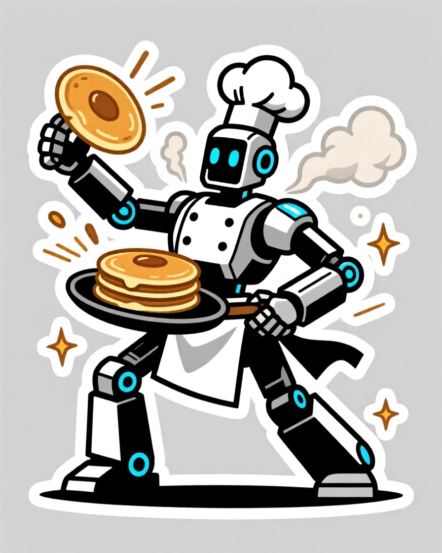 A bold and heroic robot chef flipping pancakes with mechanical arms, caught mid-action with dramatic energy, during an exciting made-up adventure.