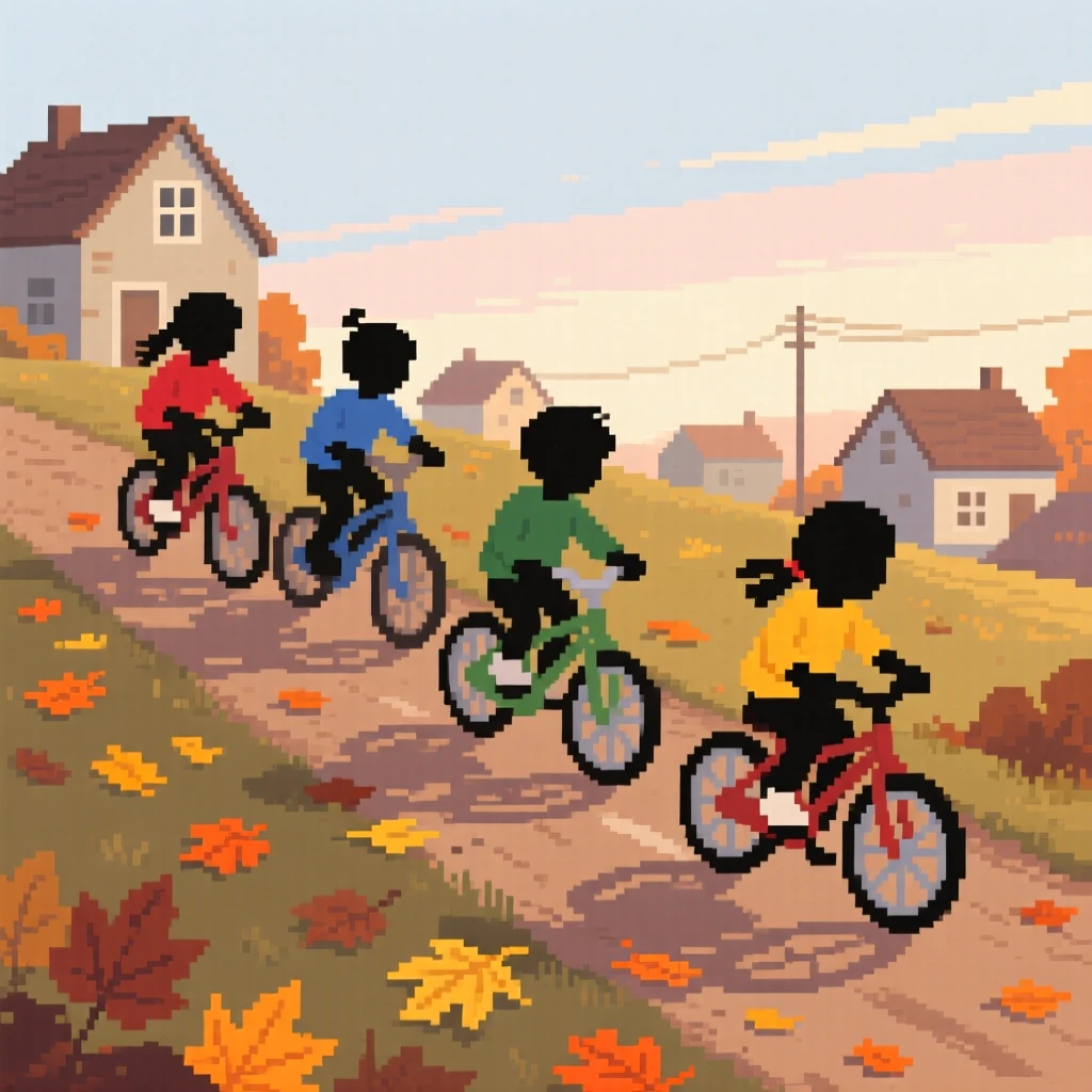 A group of kids riding bicycles down a hill surrounded by fallen leaves on a quiet street, along a dirt road leading out of town.