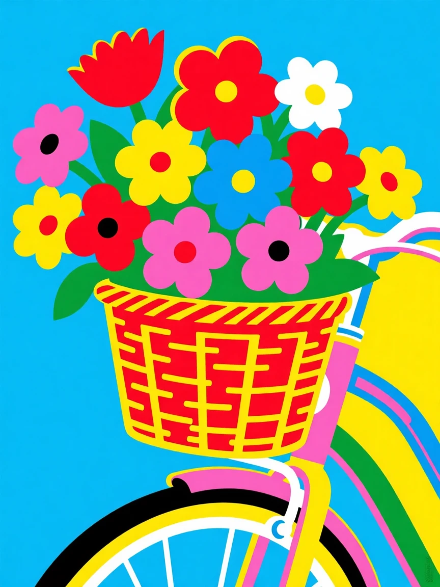 Bicycle basket filled with fresh flowers