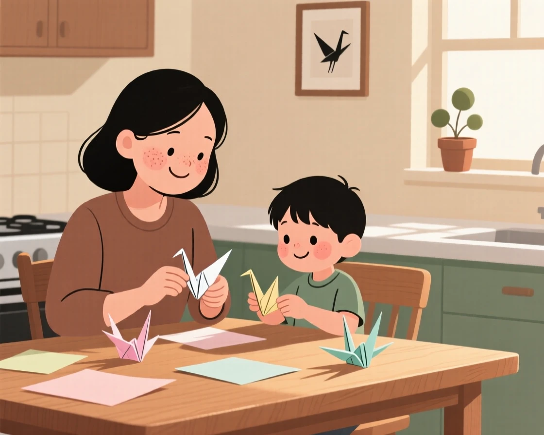 A mother teaches a eager grandchild how to fold paper cranes at the kitchen table while morning light spills across the counter, both focused and smiling.