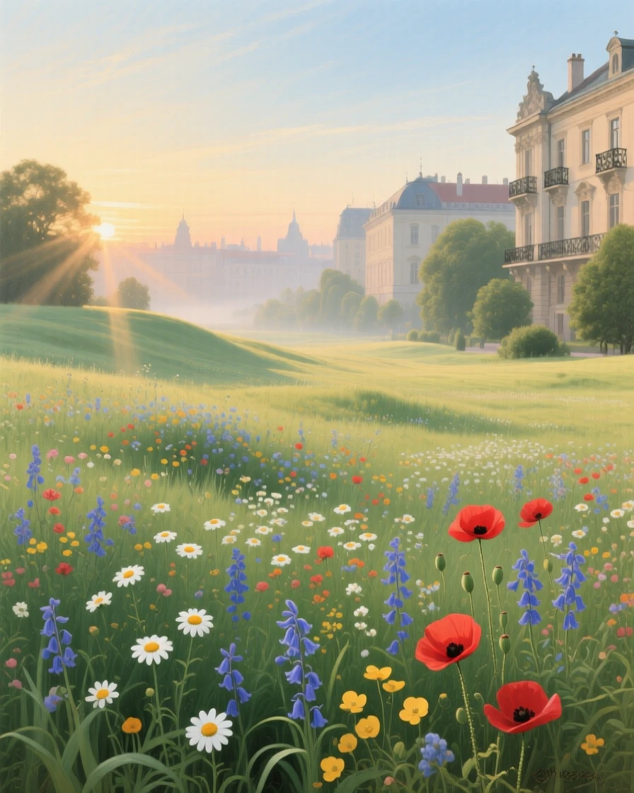 A wide establishing shot of a meadow bursting with spring wildflowers beneath a soft blue sky, in old Vienna, just after sunrise.