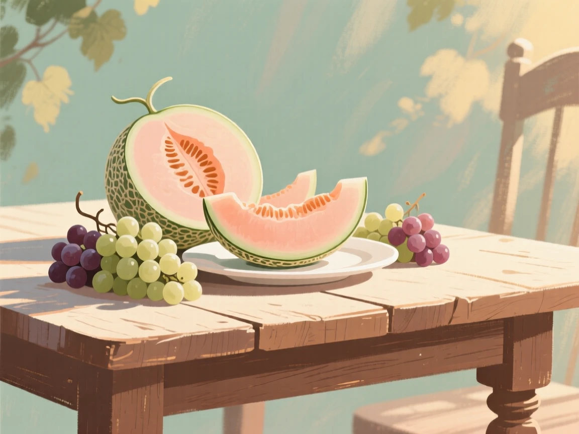 A rustic table set with wedges of ripe melon and grapes