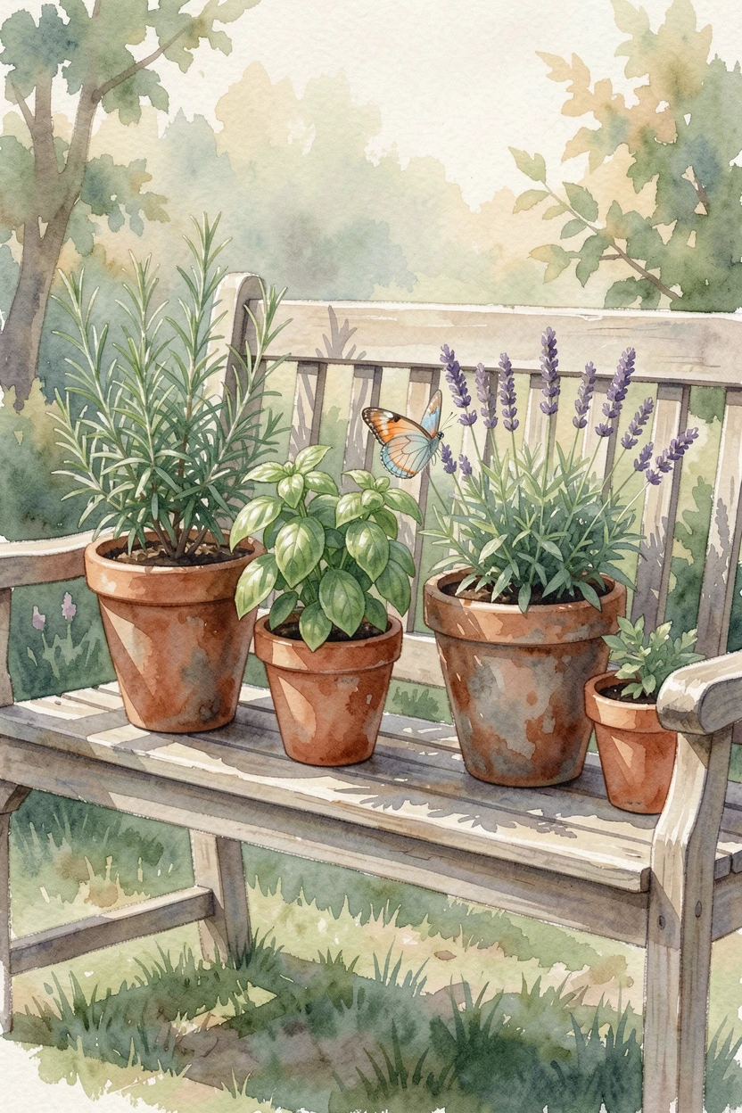 A windowsill lined with potted herbs on a garden bench with a small butterfly resting on one bloom.