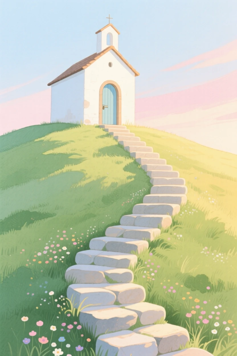 A winding staircase of stone steps leads up a green hillside toward a small chapel bathed in morning light