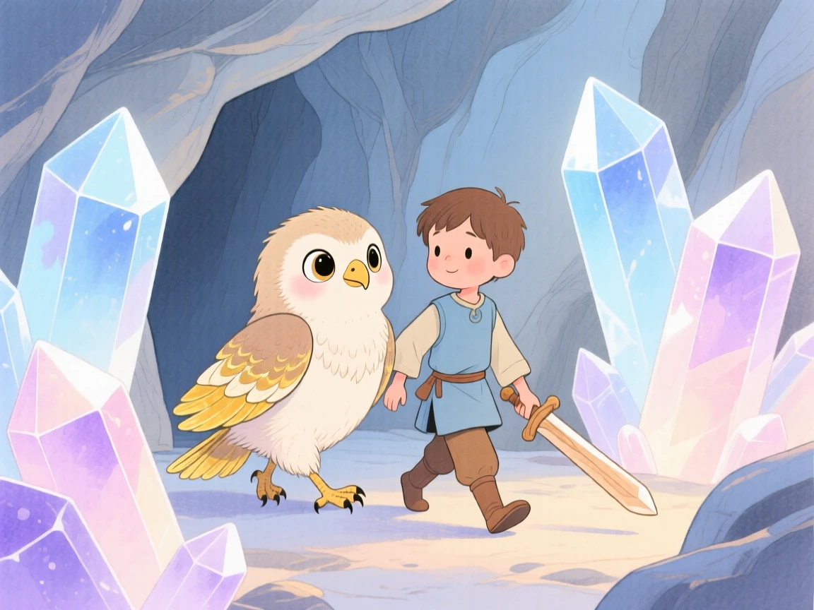 A shy baby griffin guiding a young boy with a wooden sword through a glowing crystal cave.