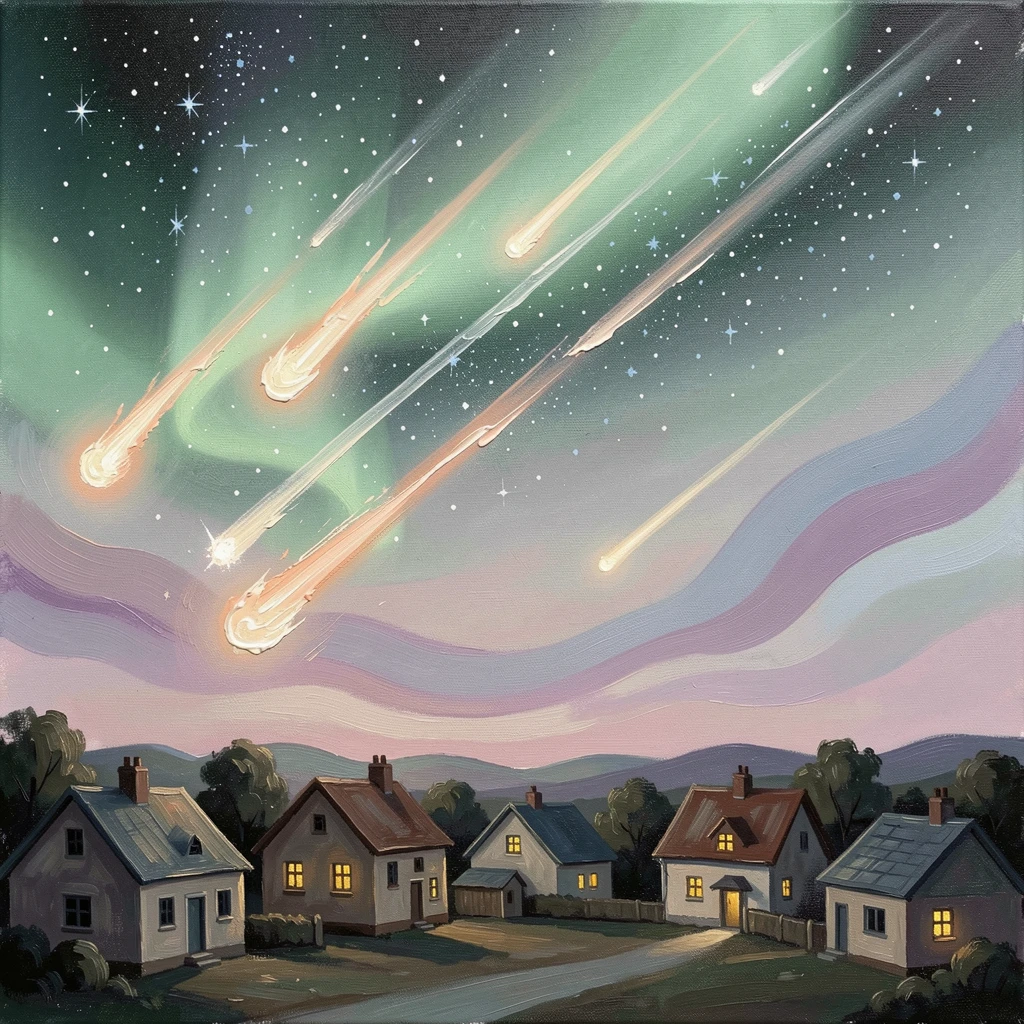 A meteor shower streaking across a star-filled sky, above a sleeping village, windows dark except for a few, gentle waves of color rippling across the sky, beneath a sky glowing faintly green with aurora light.