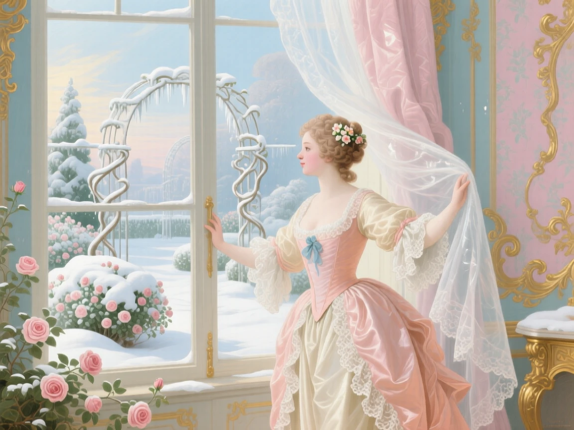 A young woman opening curtains to reveal a garden filled with snow  