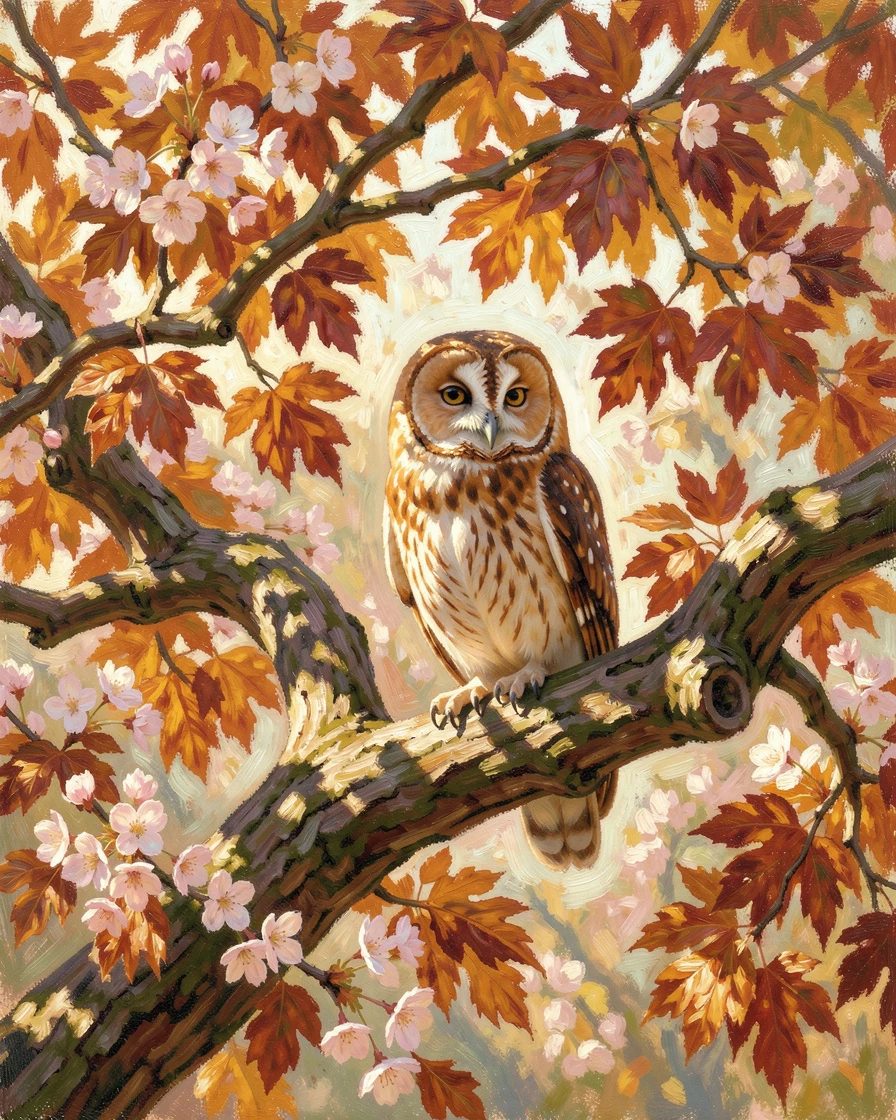 An owl perched silently on an ancient oak branch beneath a canopy of autumn leaves, just as the first blossoms of spring appear, radiating joy and gentle celebration.