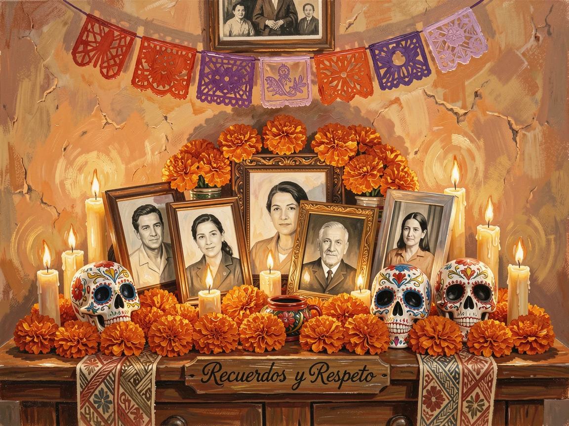 A traditional Day of the Dead altar glows with marigolds and candles in a Mexican home, framed photographs surrounded by offerings of sugar skulls, small cultural details woven throughout the scene, grounding it in a specific time and place.