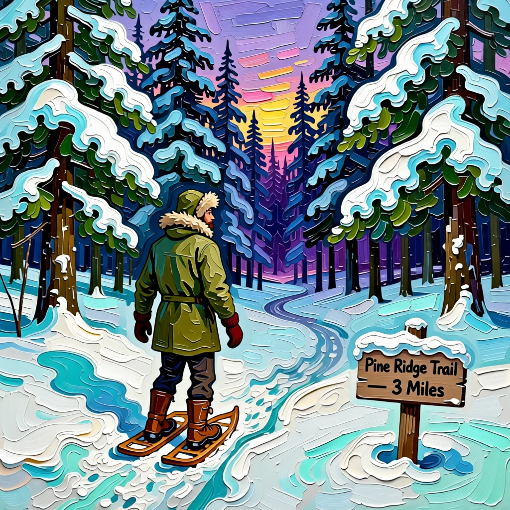 A snowshoer trekking through a silent, snow-laden pine forest at dusk