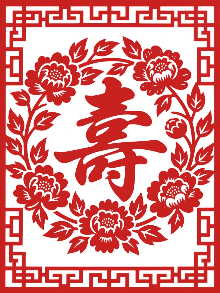 A peony wreath encircling a shou character, framed by a symmetrical lattice of key-fret patterns, celebrating longevity and family blessings.