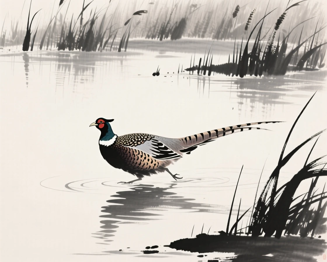 A pheasant skimming the surface of a quiet pond along the edge of a reed-lined marsh, seen up close with delicate feather detail, conveying serenity and effortless movement.