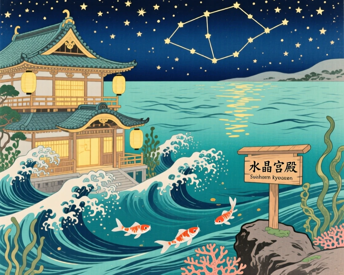An underwater palace glowing beneath the waves, reaching toward a field of stars.