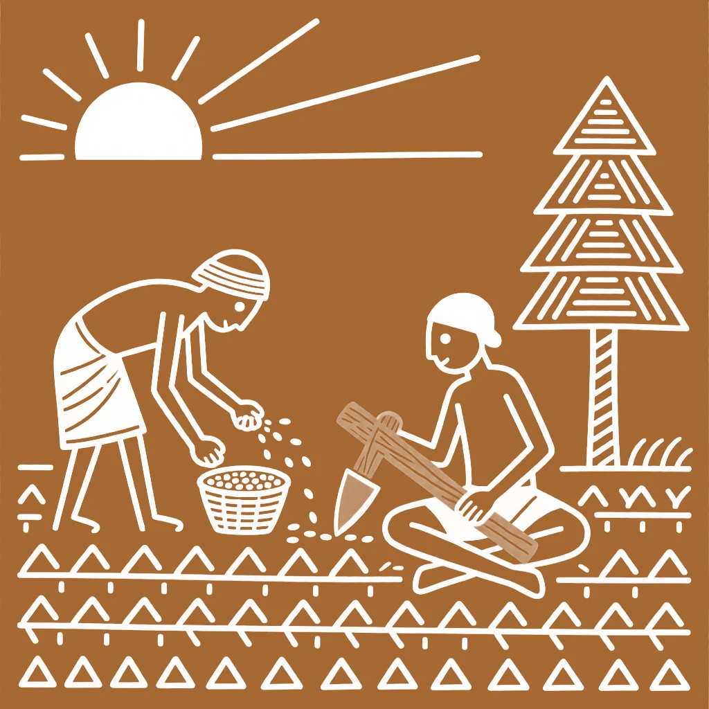 A farmer sowing seeds at dawn carving a wooden tool by hand.