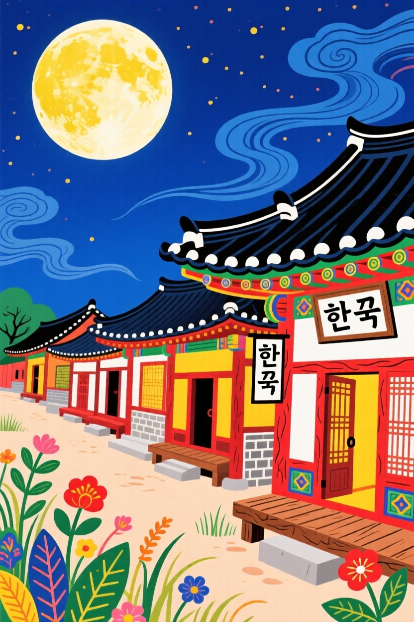 A view of a row of traditional houses under a brilliant full moon.
