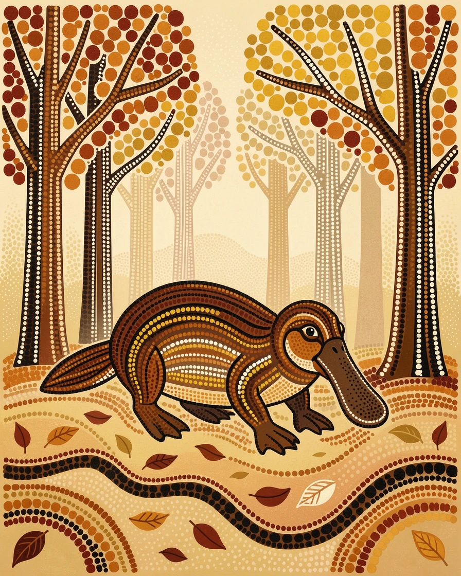 A platypus wandering through an autumn woodland