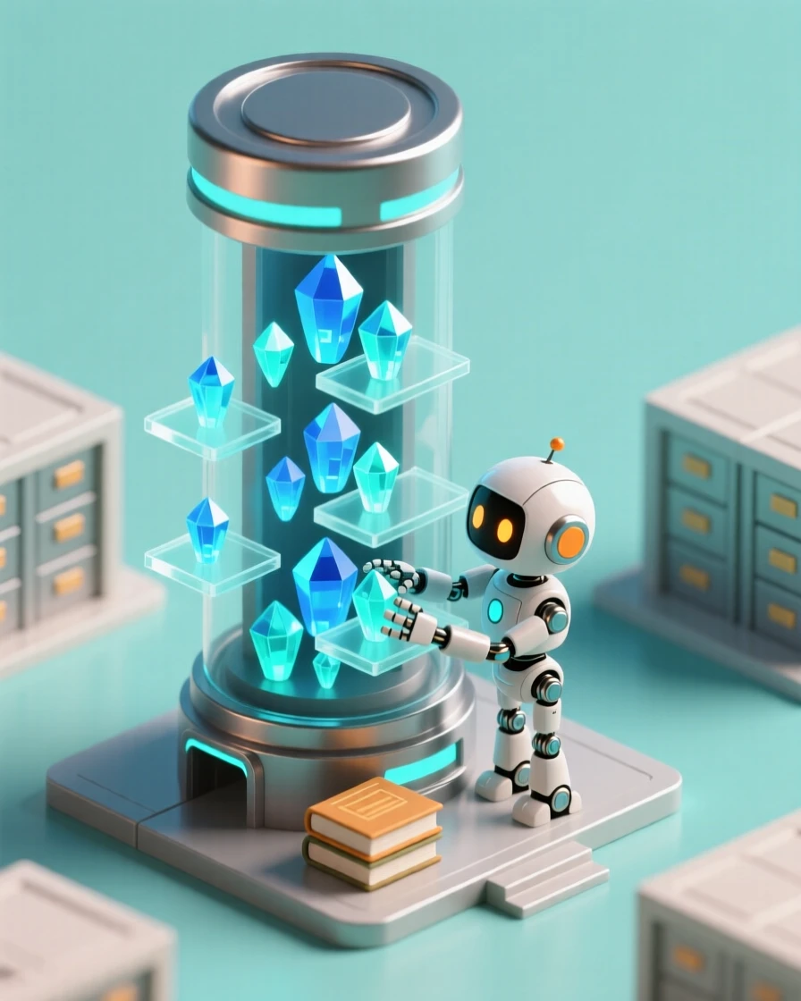 A robotic bookkeeper organizing glowing data crystals in a vast futuristic archive tower.