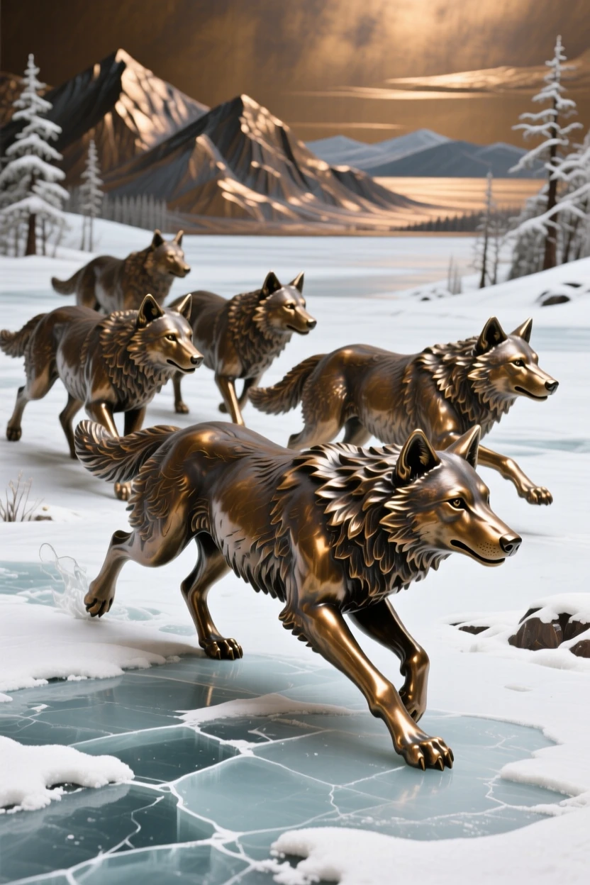 A pack of arctic wolves crossing a frozen tundra, set against a breathtaking natural backdrop, evoking wonder and majesty