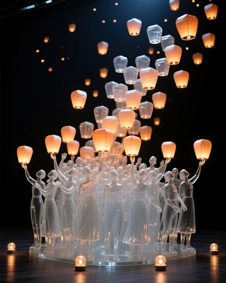 A crowd releasing hundreds of paper lanterns into the night sky beneath a sky lit by hundreds of floating lanterns