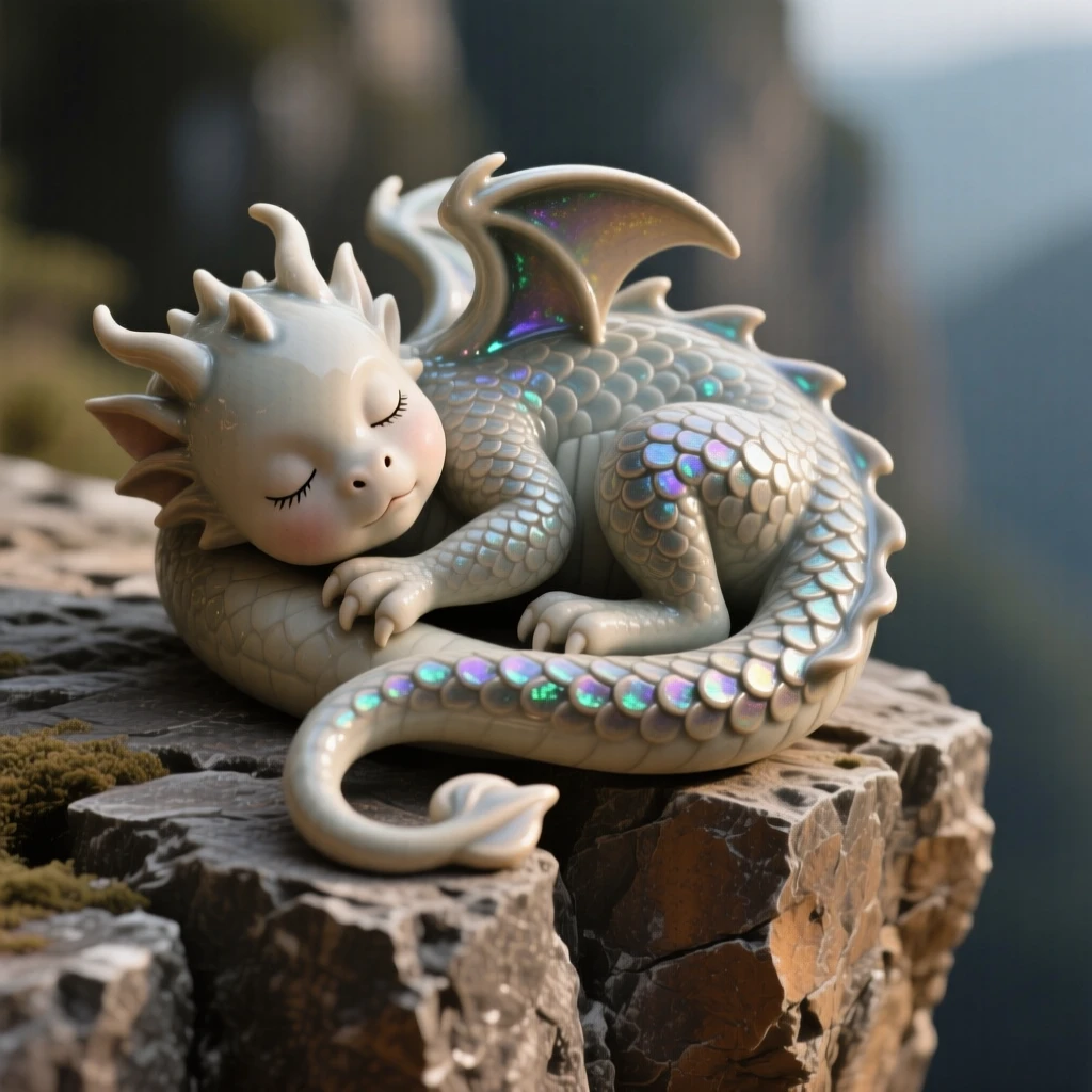 A sleeping baby dragon curled around its tail perched watchfully at the edge of a cliff, with scales that seem to shimmer like jewels, conveying protective strength and loyal guardianship.