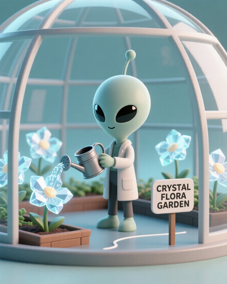A curious alien botanist waters a garden of glowing crystal flowers inside a domed greenhouse.