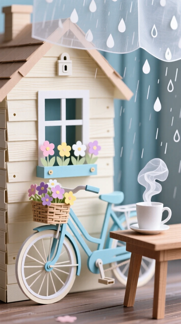 A flower-covered bicycle leaning against a cottage wall framed by gentle falling rain, with steam rising gently from a warm drink, capturing quiet contentment.