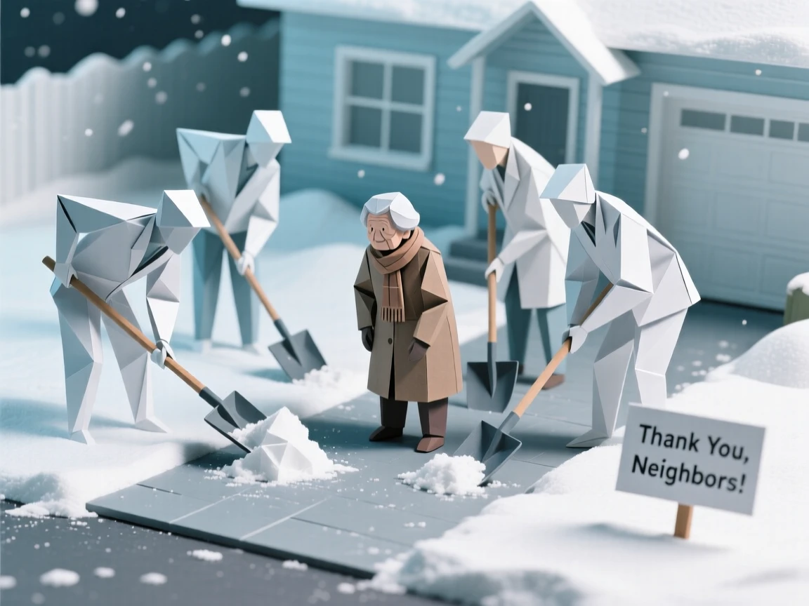 A group of neighbors shoveling an elderly resident's driveway together after a snowstorm.
