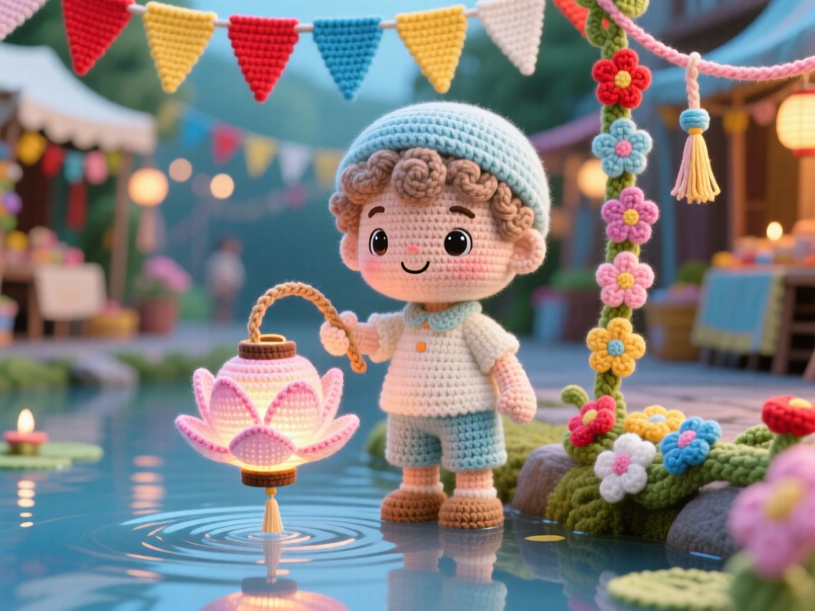 a small boy holding a small paper lantern shaped like a lotus, for a floating lantern festival, setting it gently onto a quiet pond, at a festive market street strung with colorful decorations, with a garland of woven flowers draped nearby, radiating the cheerful spirit of a beloved tradition.
