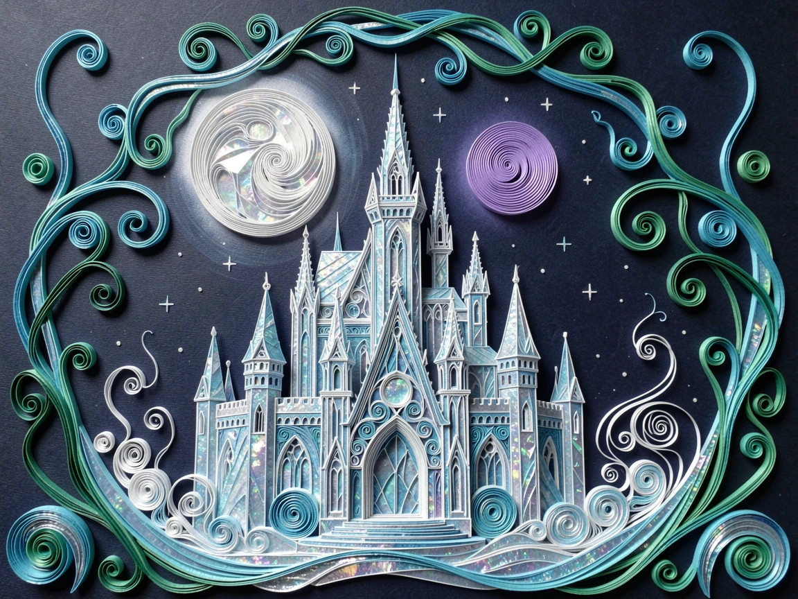 a snow queen's ice palace shimmering under starlight, beneath a sky filled with two glowing moons, framed by an arch of twisting glowing vines, with delicate wisps of magical mist curling upward.