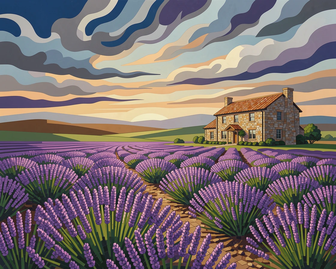 A wide panoramic view of a lavender field in full bloom stretching toward a distant stone farmhouse, with dramatic clouds and rich natural color.