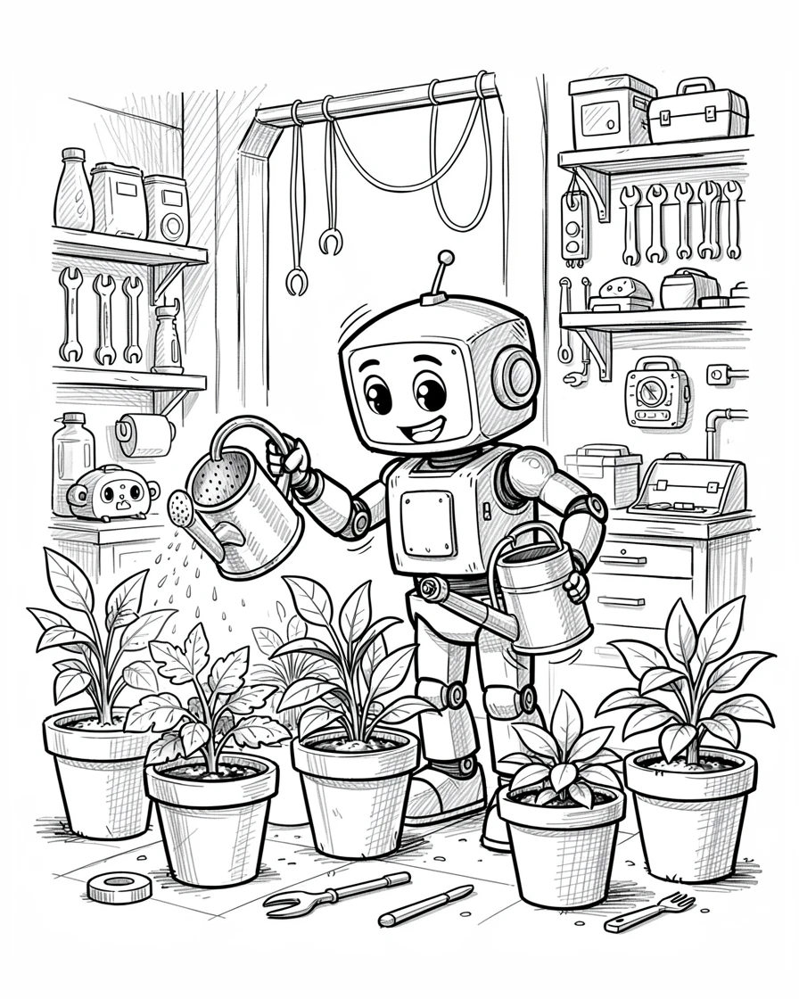 A friendly robot watering a row of potted plants in a garage full of tools and gadgets.
